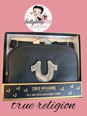 True Religion Black Leather Belt Bag with Rhinestone Horseshoe Logo